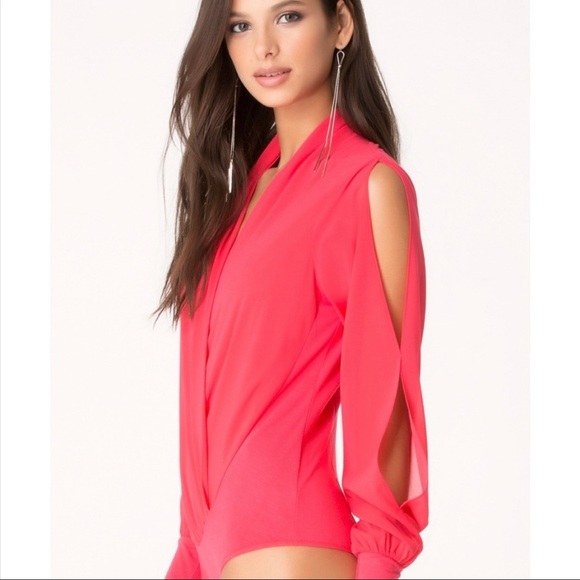 Bebe Cutout Sleeve Silk Wrap Bodysuit Teaberry XS - Picture 5 of 15